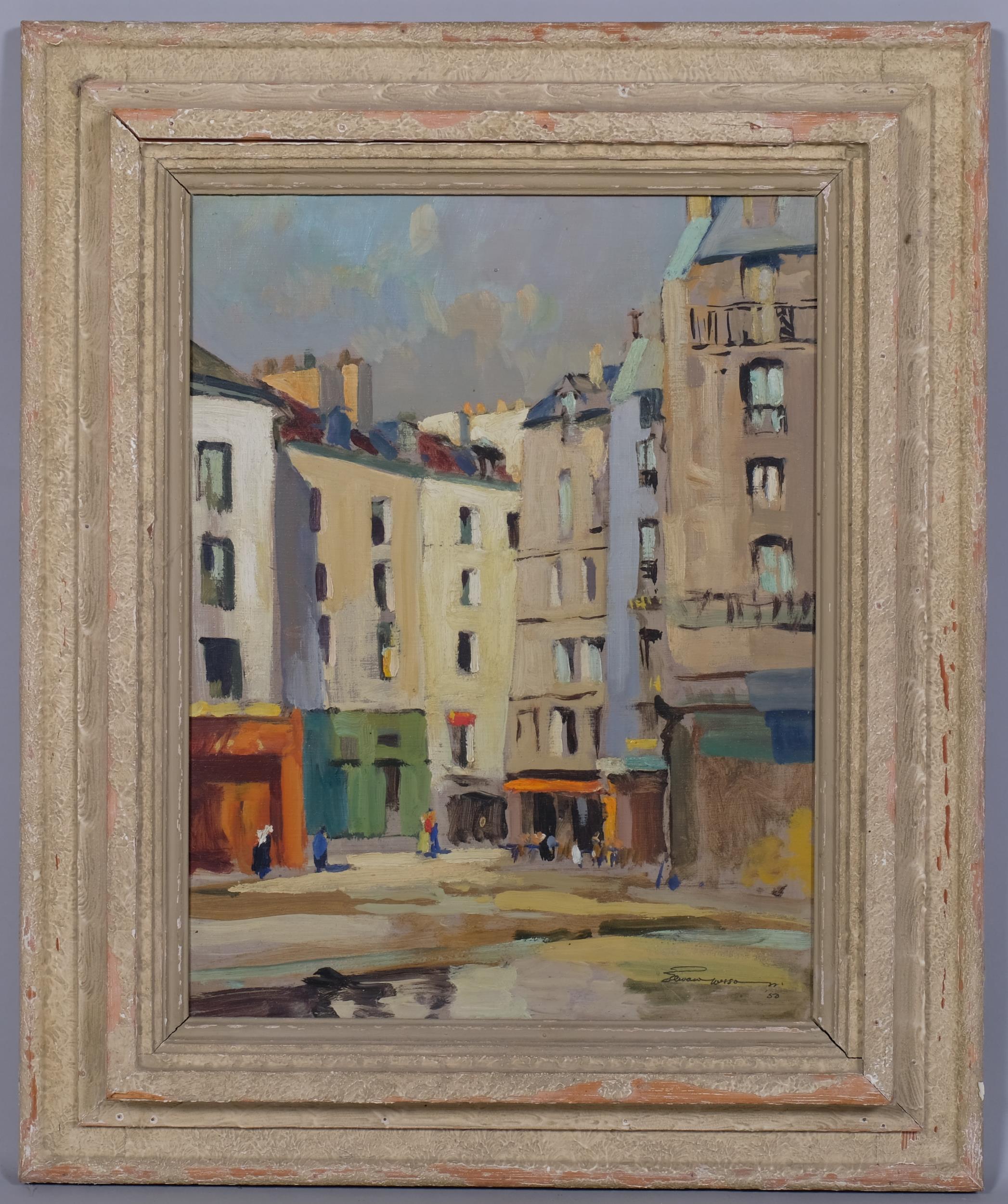 Edward Wesson (1910 - 1983), Old Houses Paris, oil on board, signed with RI Exhibition label