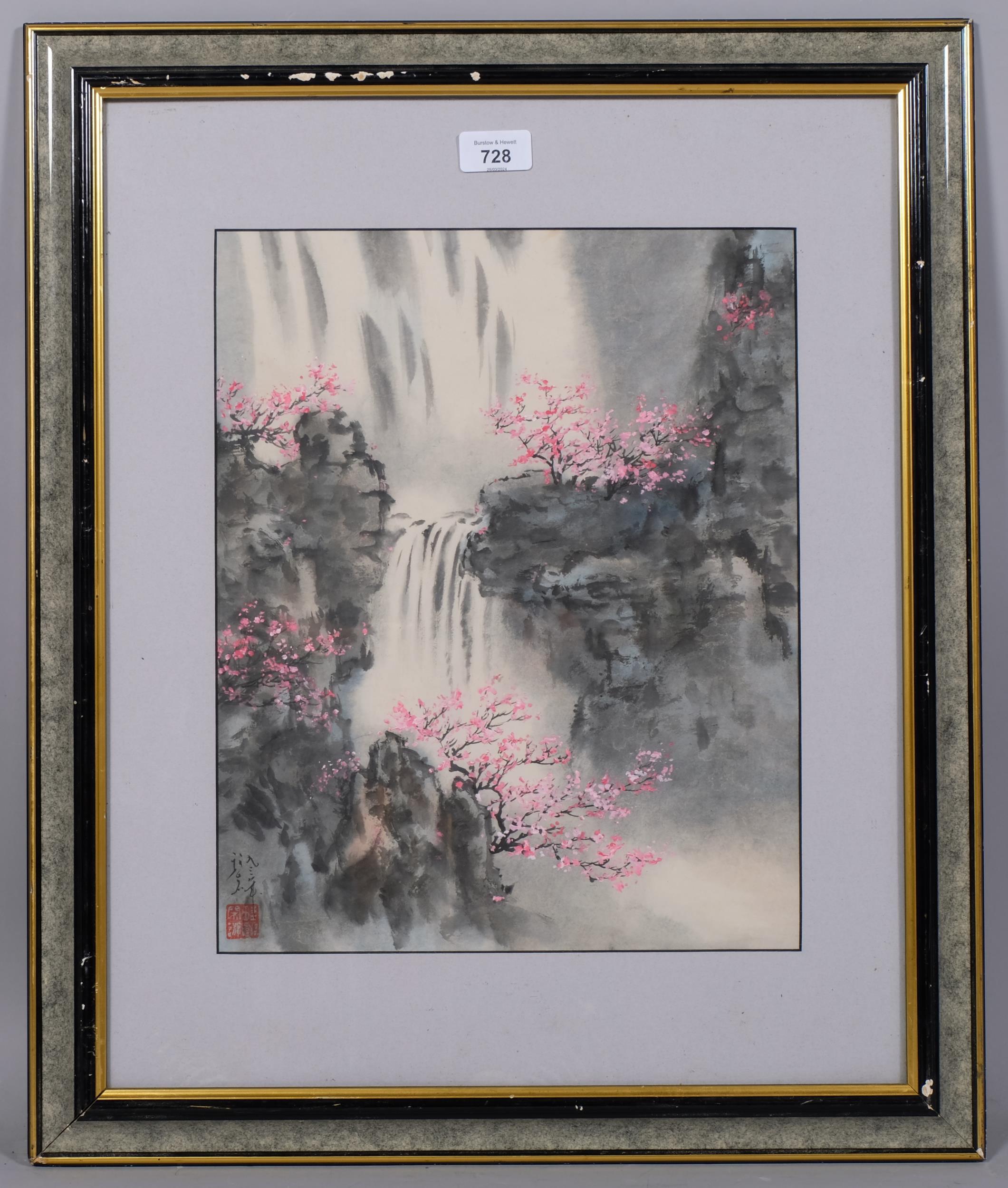 Chinese School, waterfall and blossom, watercolour/ink, signed, 38cm x 31cm, framed Good condition - Image 2 of 4