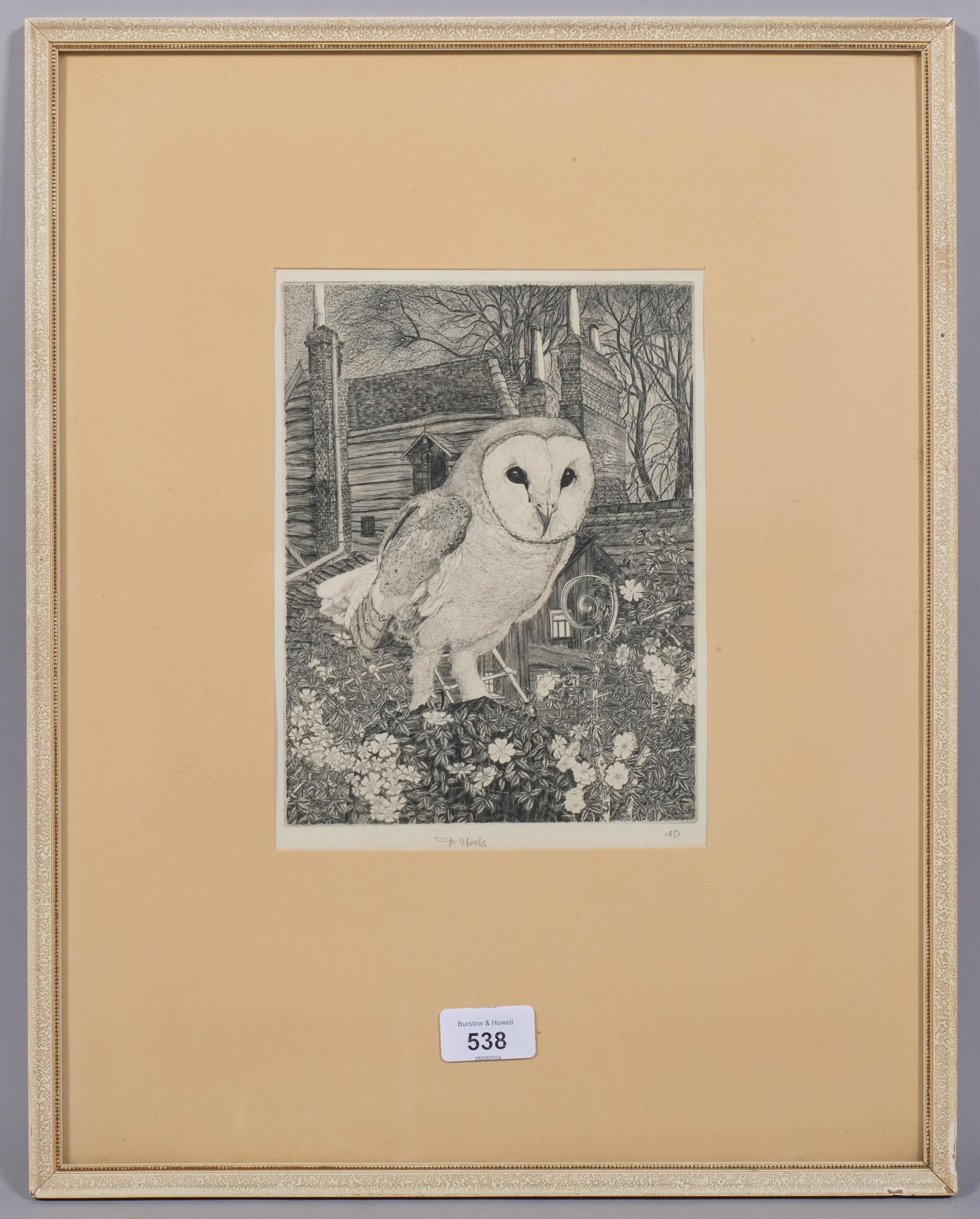 David Vaughan Wicks, barn owl, etching, signed in pencil, dated 1951, plate 22cm x 16.5cm, framed