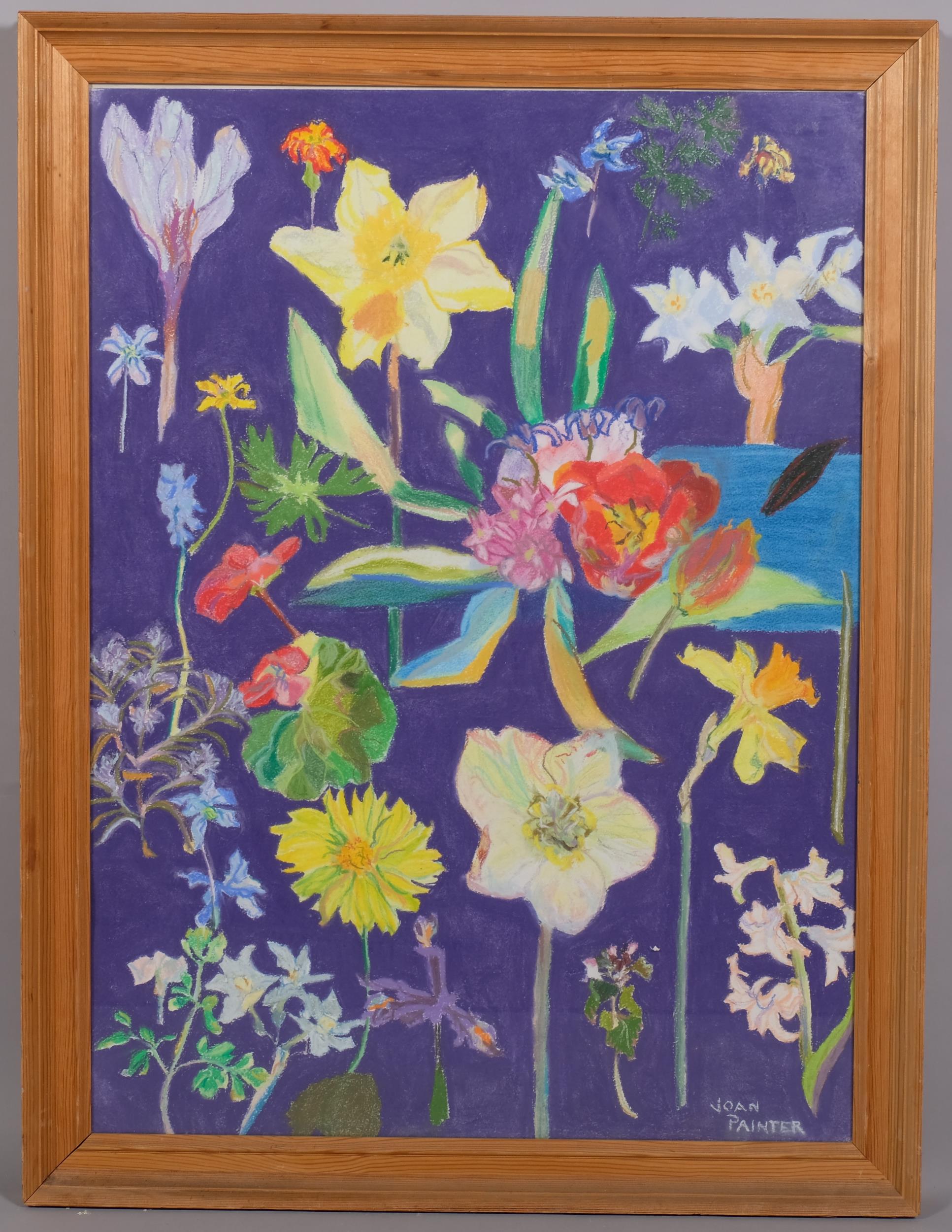 Joan Painter, abstract flowers, mid-20th century gouache/oil on paper, signed, 75cm x 55cm, framed