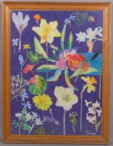 Joan Painter, abstract flowers, mid-20th century gouache/oil on paper, signed, 75cm x 55cm, framed