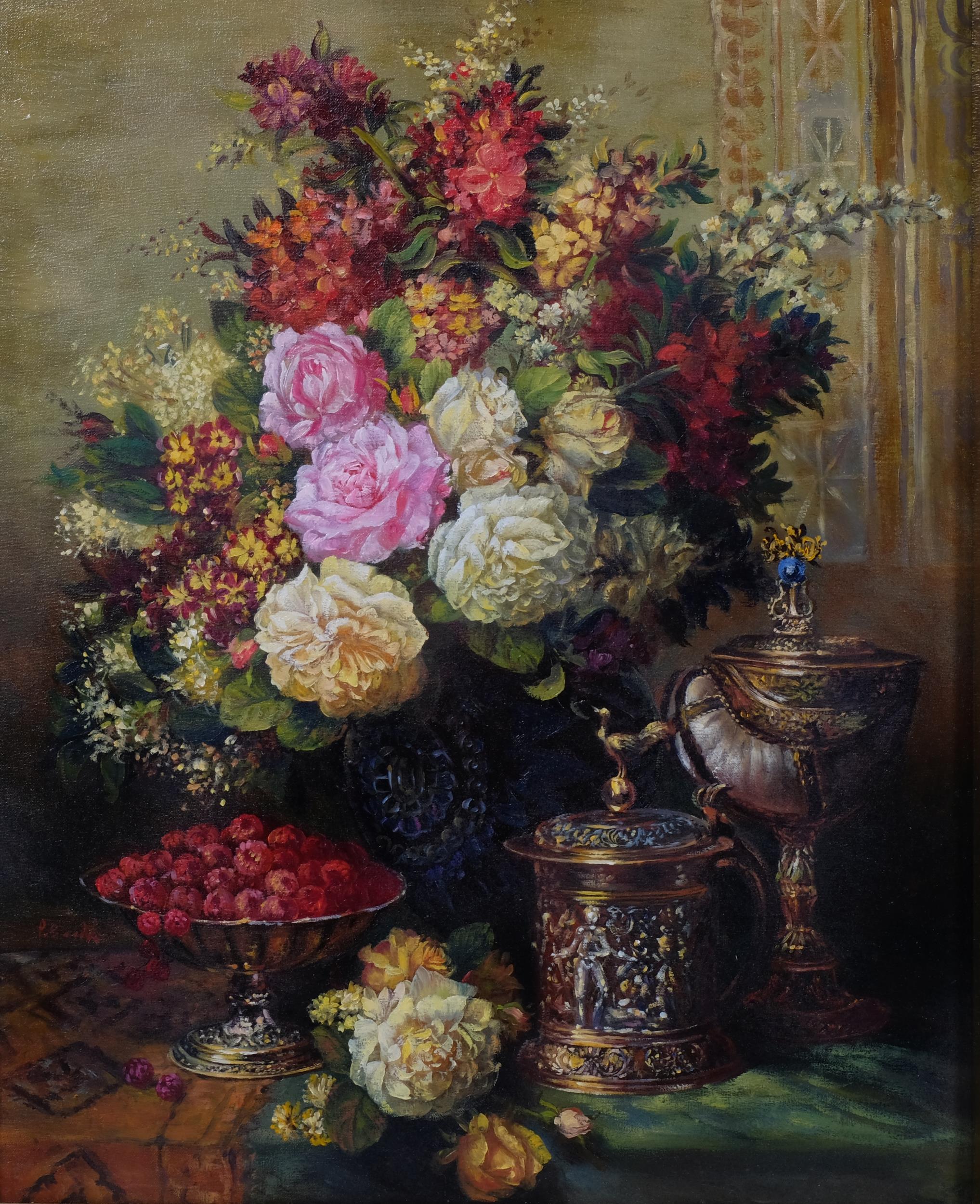 Dutch style still life flower study, contemporary oil on canvas, indistinctly signed, 41cm x 33cm,