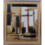 F D Taggart, crucifixion scene, mixed media, oil/collage, signed and dated 1961, 75cm x 63cm, framed