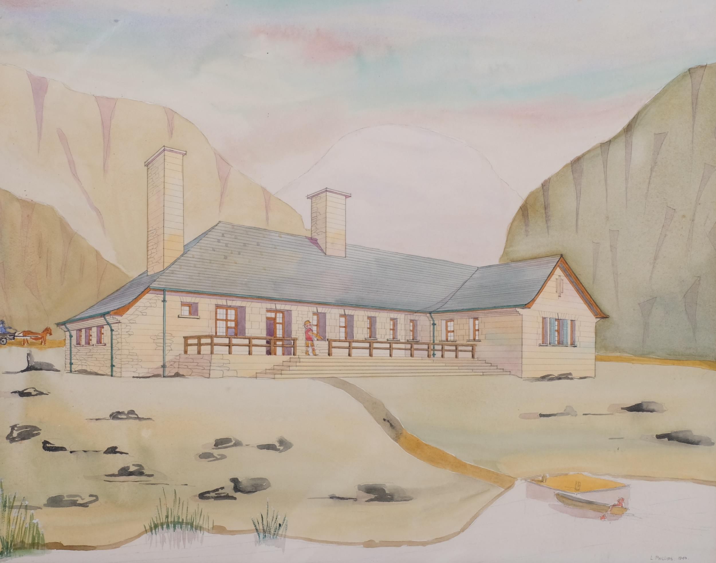 L Phillips, architectural drawing of a house, possibly Australian, watercolour, signed and dated