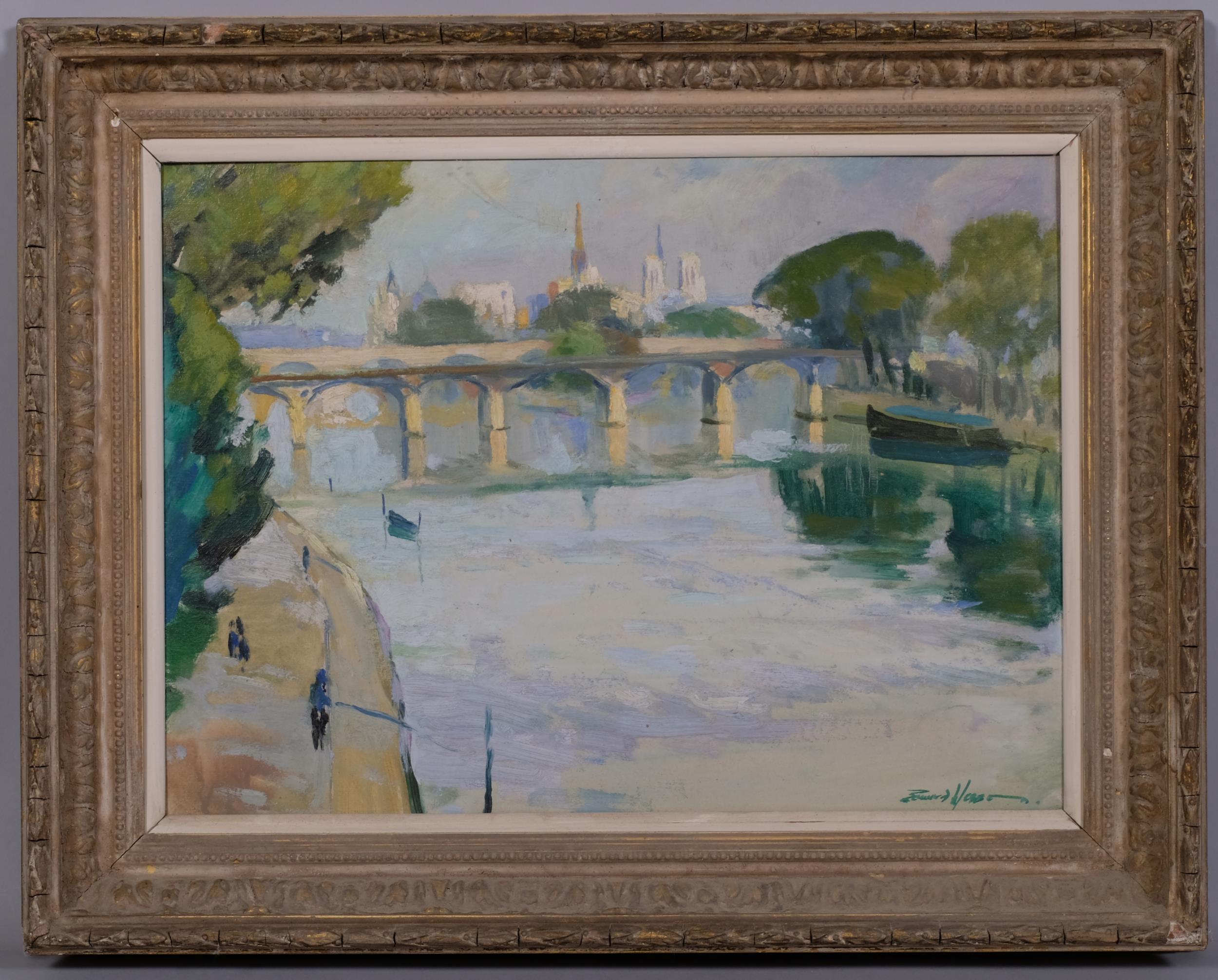 Edward Wesson (1910 - 1983), Parisian river scene, oil on board, signed, 29cm x 39cm, framed Good