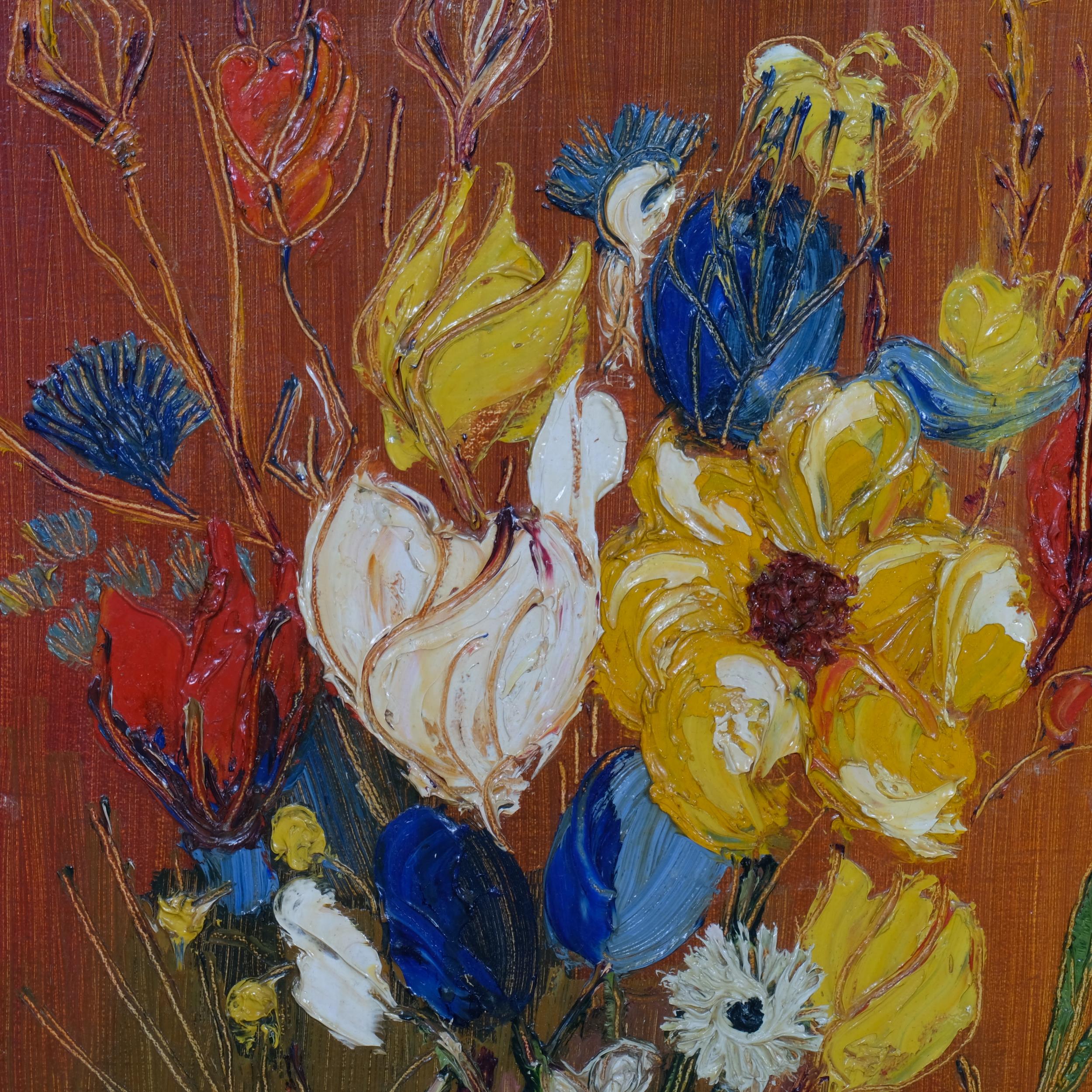 Still life flower study, mid-20th century oil on board, unsigned, 50cm x 40cm, framed Good condition - Image 2 of 4