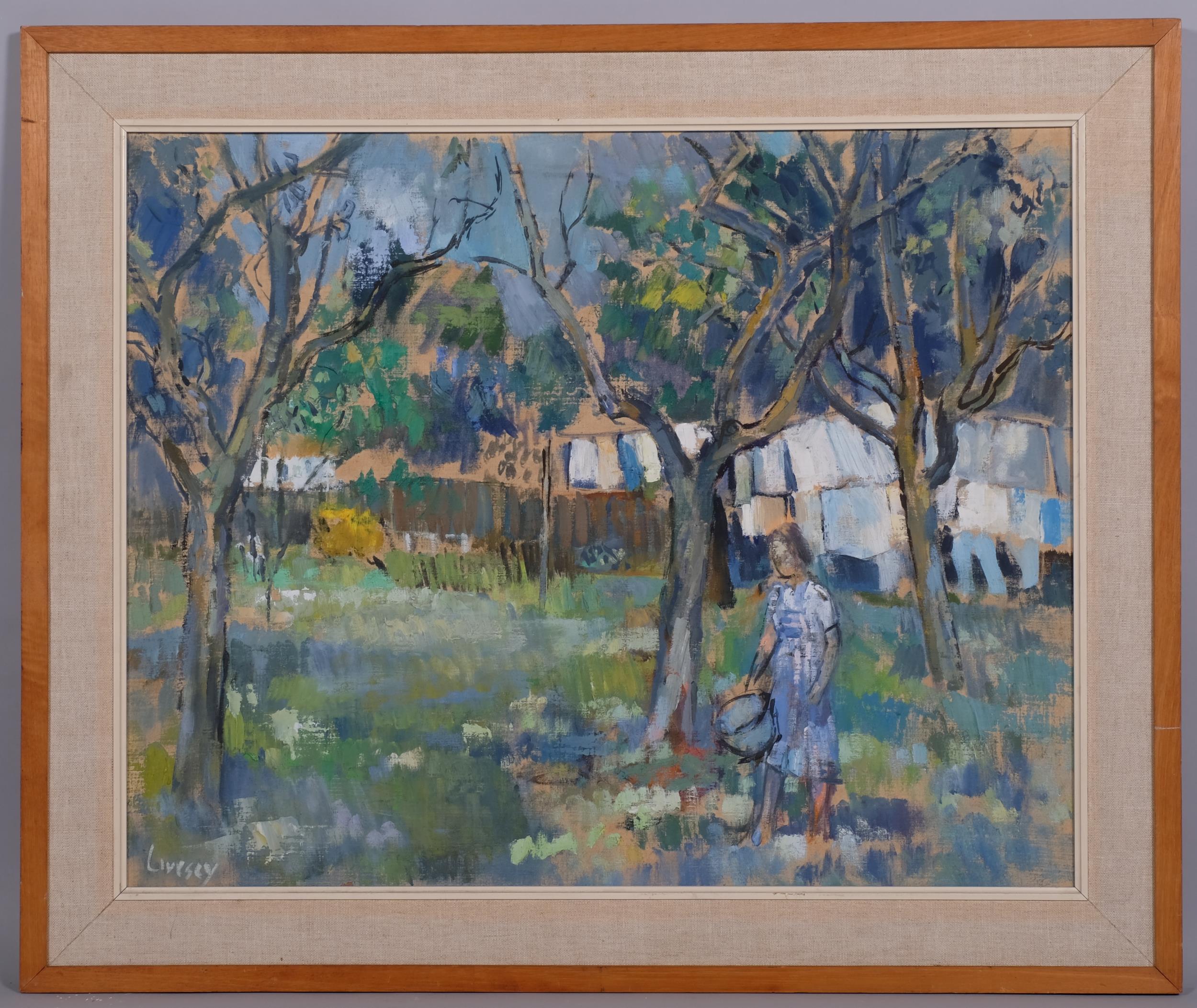 John Livesey (1926 - 1990), girl in an orchard, oil on board, signed, 61cm x 77cm, framed Good