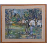 John Livesey (1926 - 1990), girl in an orchard, oil on board, signed, 61cm x 77cm, framed Good