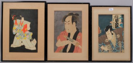 3 Japanese woodblock prints, by Toyokuni II, Kunichika and Shuraku, framed (3)