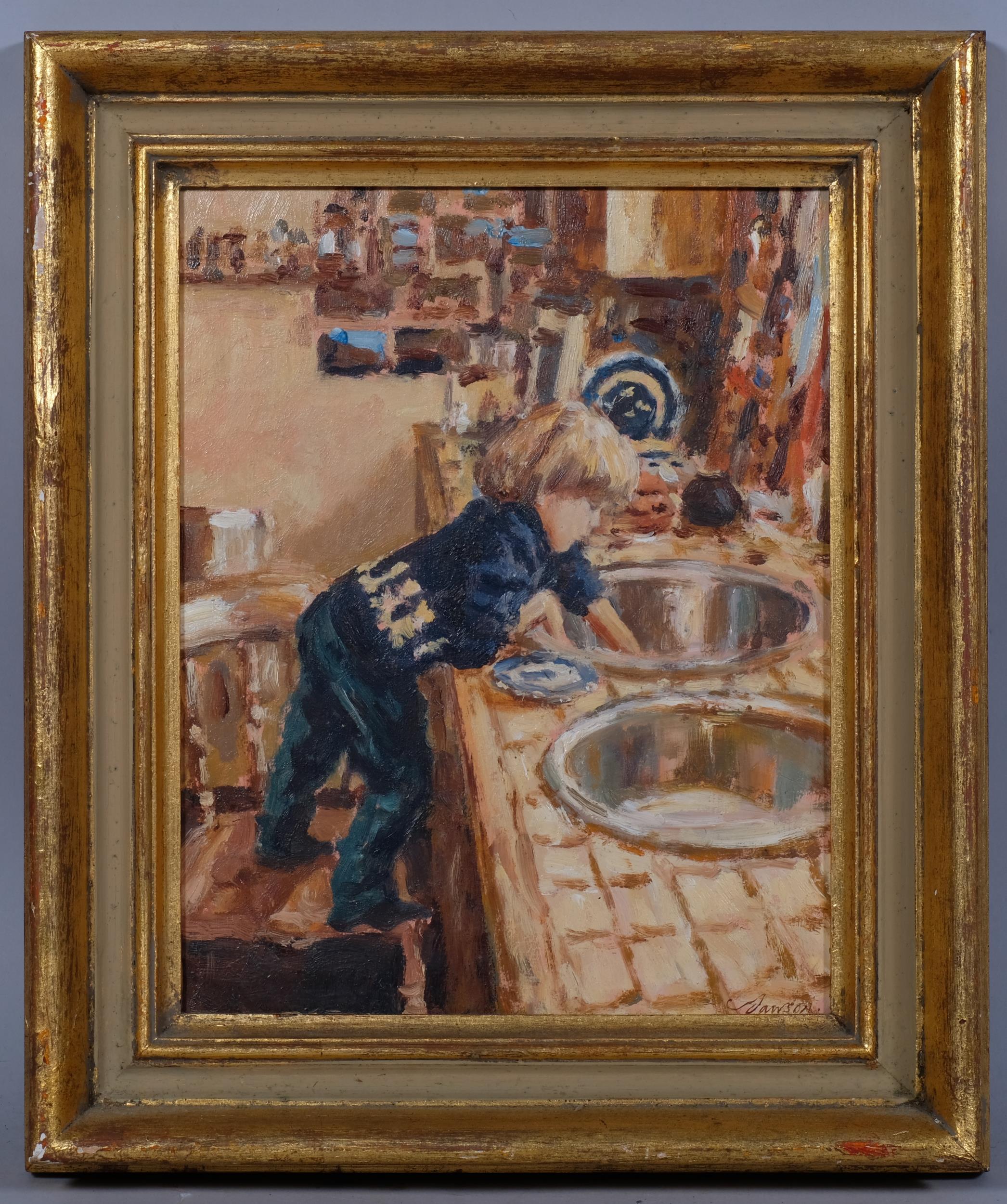 Edward Dawson (1941 - 1999), washing up, oil on board, signed, 24cm x 19cm, framed Good condition,
