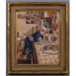 Edward Dawson (1941 - 1999), washing up, oil on board, signed, 24cm x 19cm, framed Good condition,