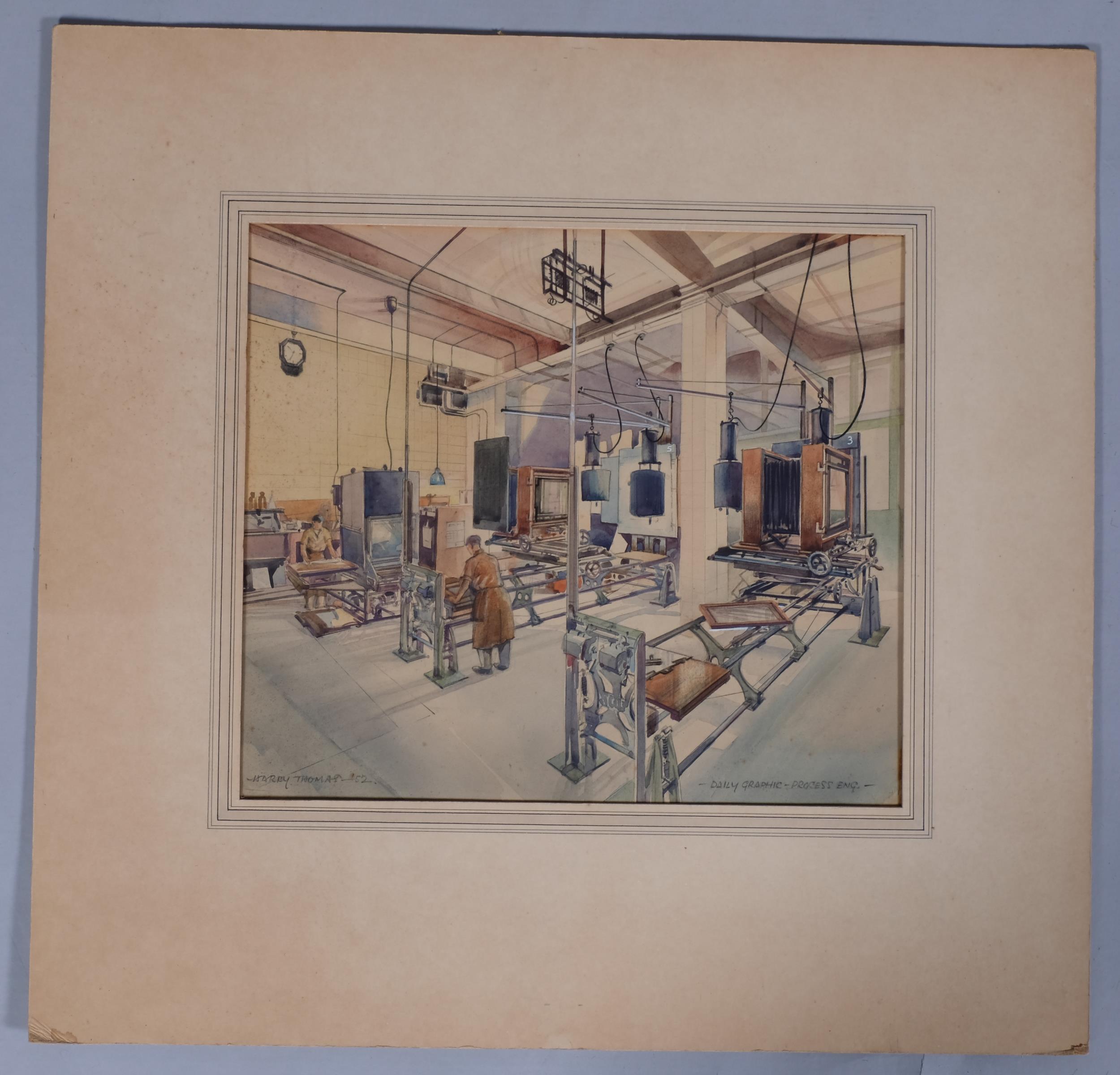 Harry Thomas, Daily Graphic process workshop, watercolour, signed and dated 1952, 26cm x 30cm, - Image 2 of 4