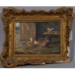 R Hunt, contemporary study, poultry in farm shed, oil on panel, signed, 12cm x 18cm, framed Image in