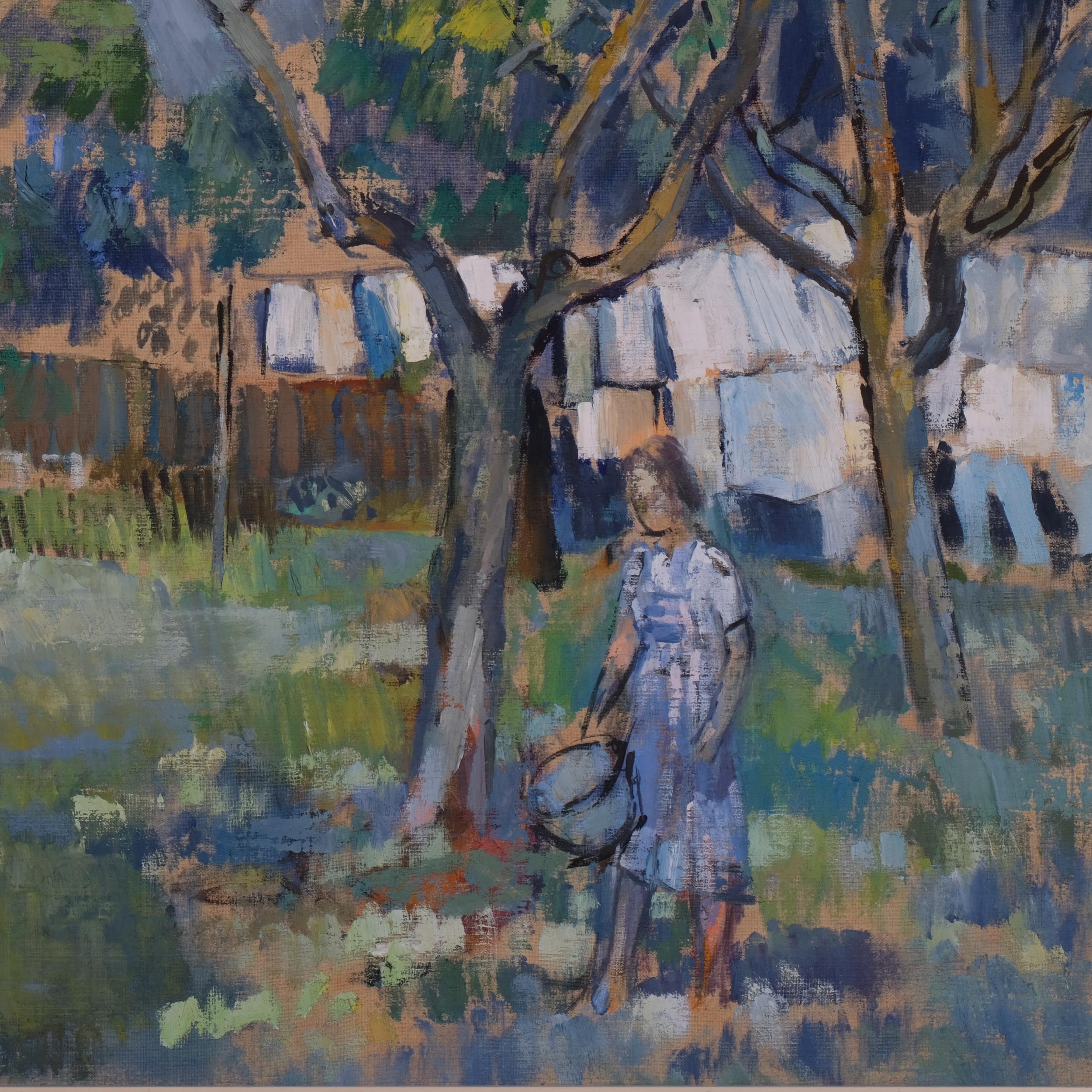 John Livesey (1926 - 1990), girl in an orchard, oil on board, signed, 61cm x 77cm, framed Good - Image 2 of 4