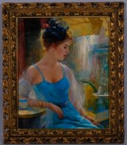 Portrait of a woman, contemporary oil on board, indistinctly signed, 44cm x 36cm, framed Good