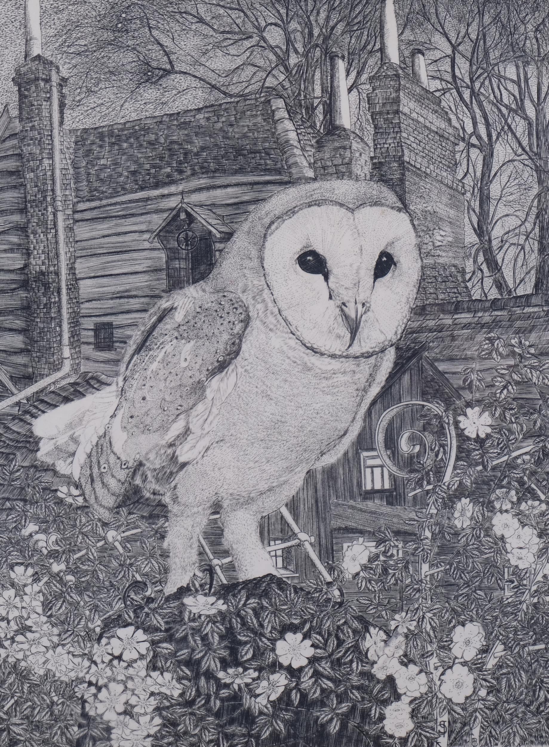 David Vaughan Wicks, barn owl, etching, signed in pencil, dated 1951, plate 22cm x 16.5cm, framed - Image 2 of 4