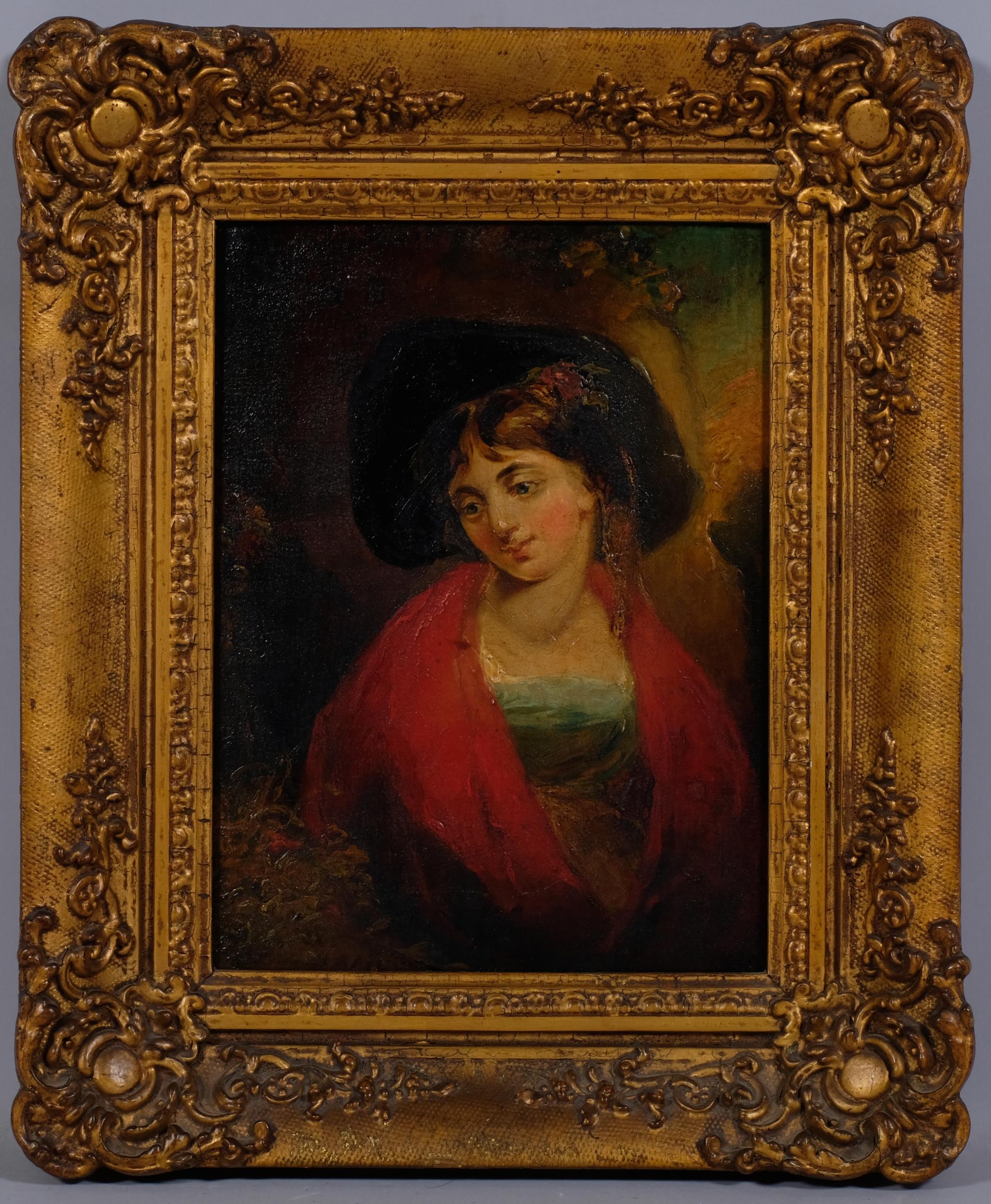 Portrait of a woman, early 19th century oil on wood panel, unsigned, 25cm x 19cm, framed In good