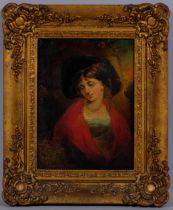 Portrait of a woman, early 19th century oil on wood panel, unsigned, 25cm x 19cm, framed In good