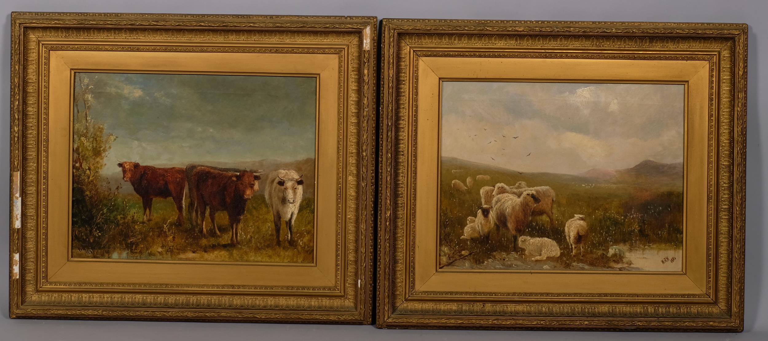 W Renthall Hill, cattle and sheep in landscapes, pair of 19th century oils on canvas, signed with