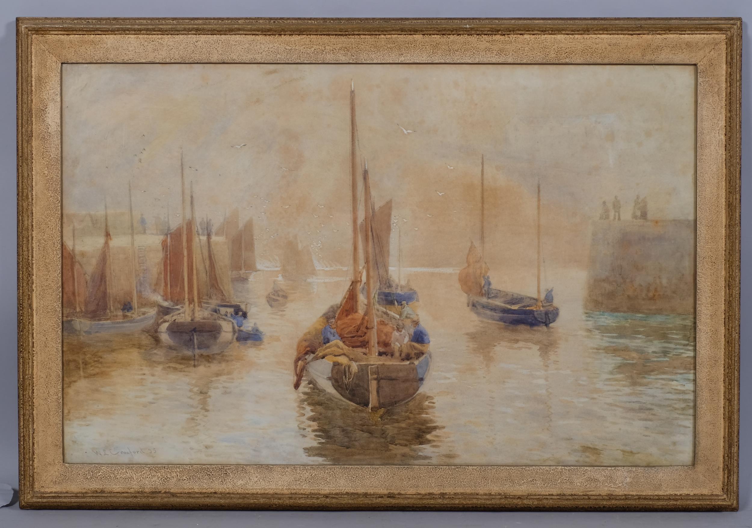 W E Croxford, fishing harbour scene, watercolour, signed and dated '95, 48cm x 77cm, framed Paper