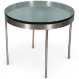 A Nicos Zographos T35 series coffee table, the thick glass top on brushed steel base ca 1980’s,