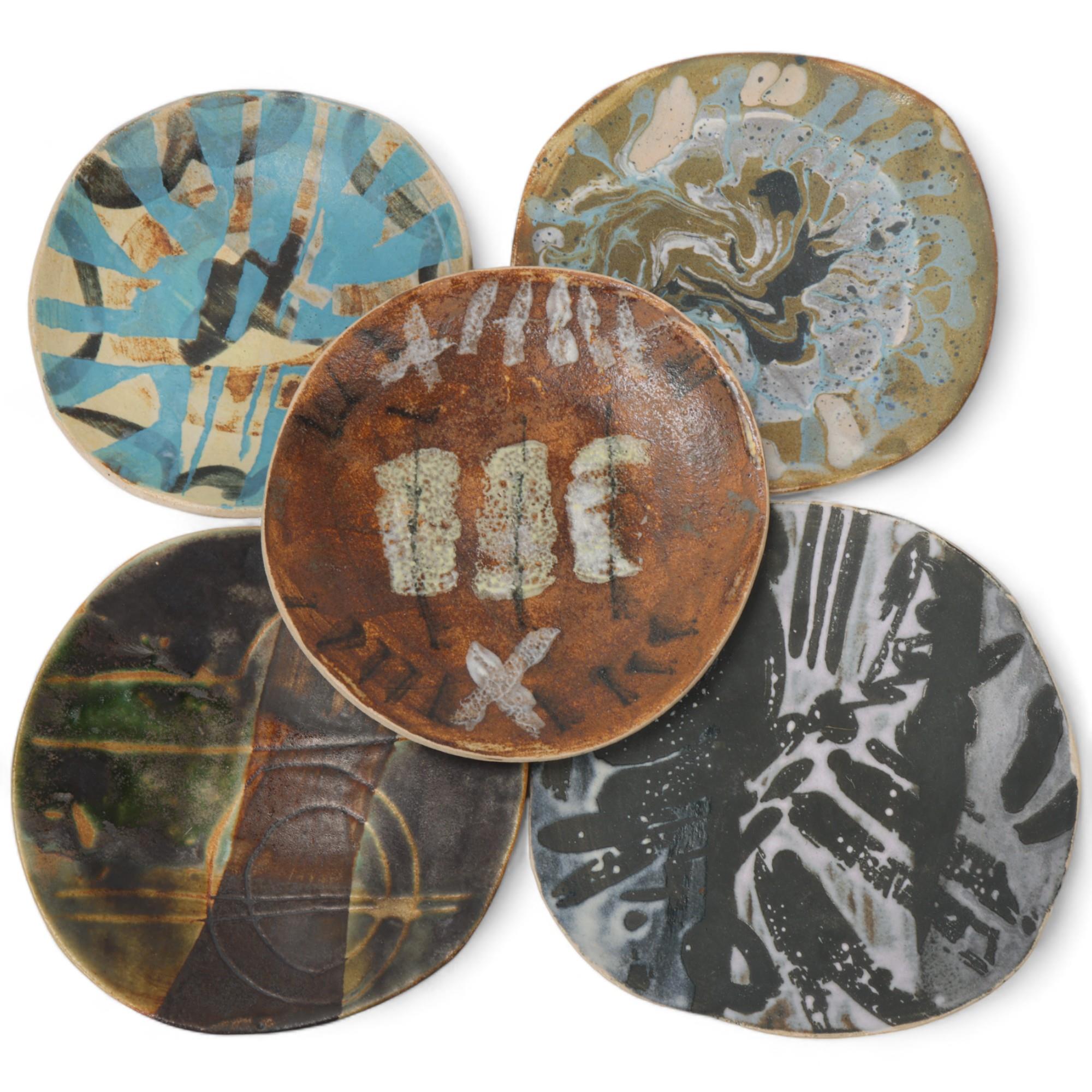 JANE ABBOTT , a set of 5 slab ceramic plates, glaze notes to back, largest diameter 17cm Good