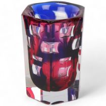 OLLE ALBERIUS for Orrefors, an ariel glass vase, red and blue glass with geometric air pockets, 1988