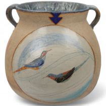 JILL FANSHAWE KATO (b.1943), a large two handled stoneware 'bird' jar 33cm high, 35cm wide Good