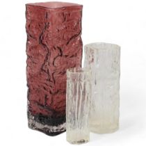 A Whitefriars style tall square section bark vase, in aubergine glass with polished pontil to