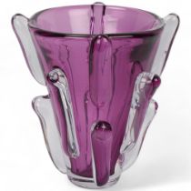 A large mid-century Murano amethyst glass vase, with clear glass sprigs to exterior, signed to