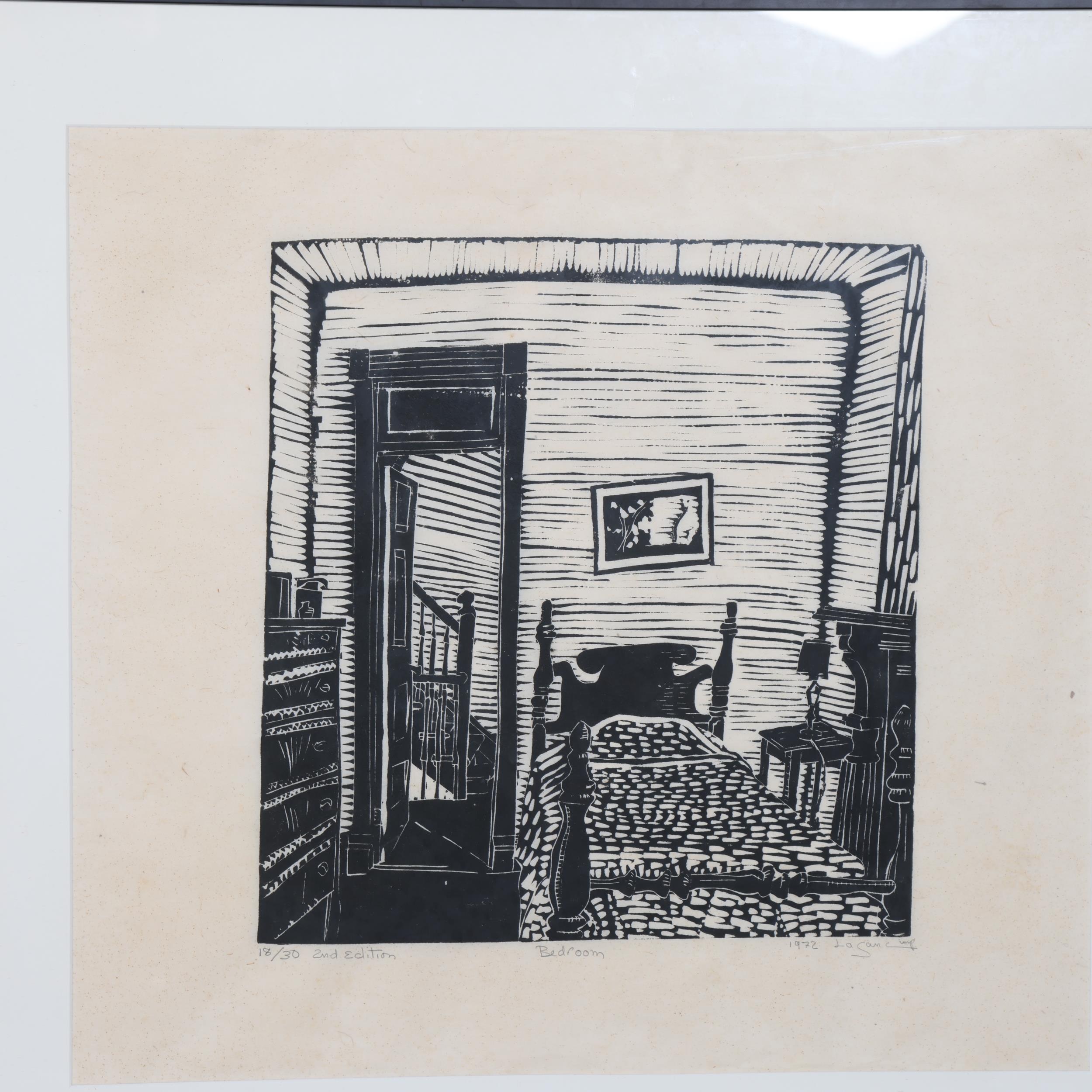 Two 1972 Lino cut limited edition prints prints, "Rigg Street" and "Bedroom", signed dated from - Image 2 of 3