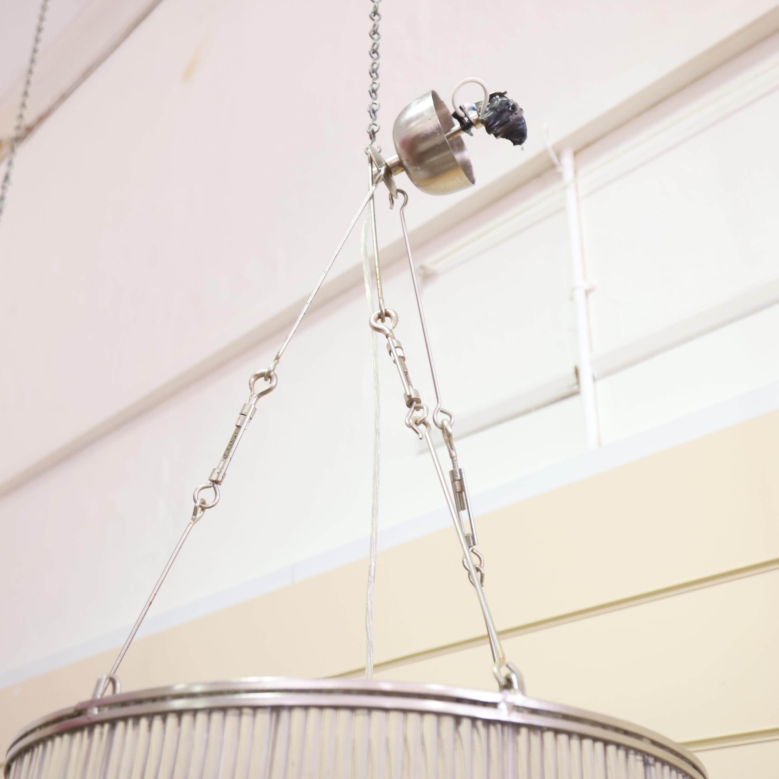 A large steel frame and crystal rod pendant light, drop approx 95cm, diameter 50cm Some pitting to - Image 3 of 3