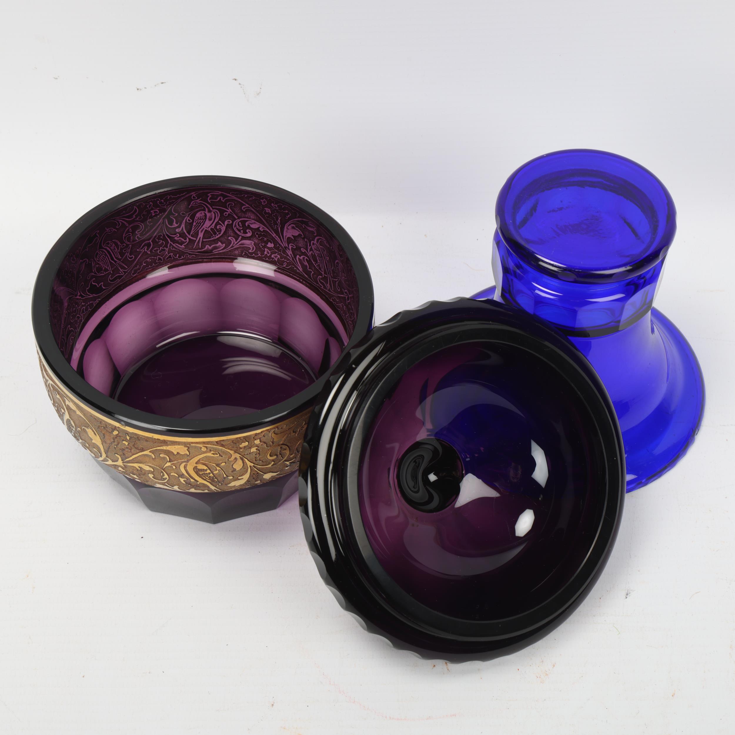 JOHANN OERTEL, a dark purple glass Bird of Paradise bowl and cover, with oroplastic frieze depicting - Image 2 of 3