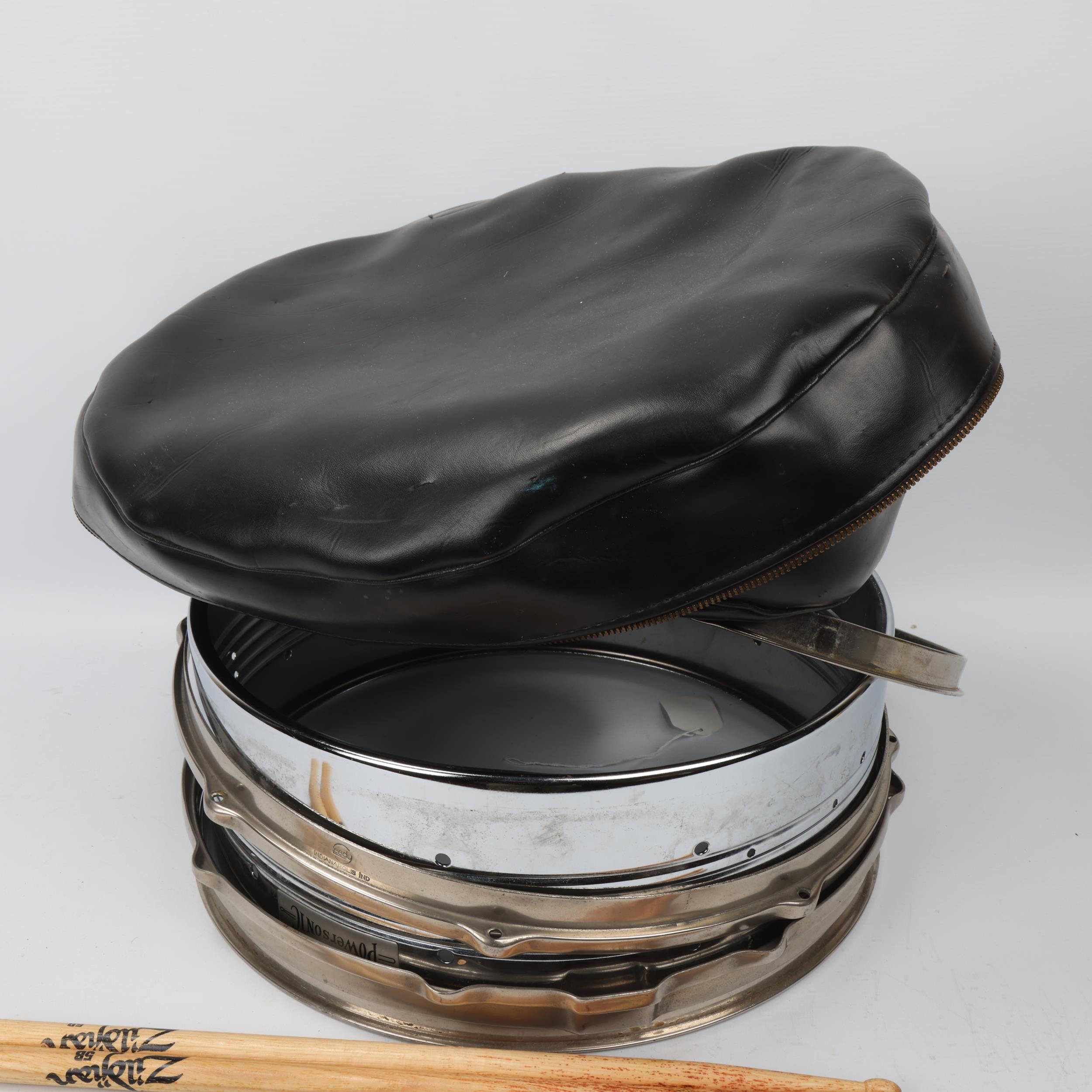 A POWERSONIC Snare Drum Shell and Four Drum Rims in soft carry case. Two used ZILDJIAN DRUMSTICKS - Image 3 of 3