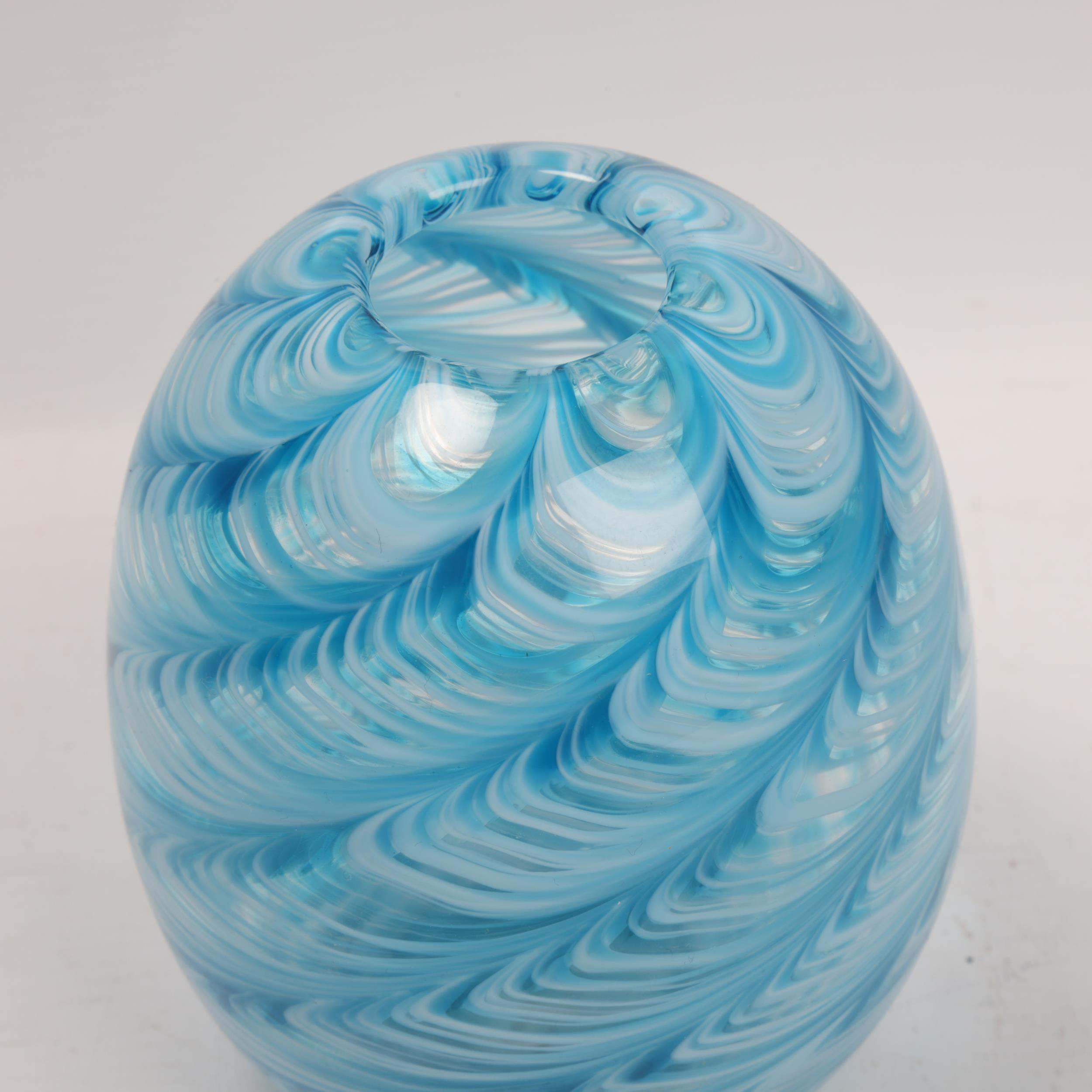 LIAM CAREY, a hand made swirled blue/white glass vase, makers label to base, height 14cm Good - Image 2 of 3