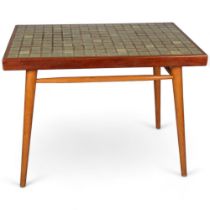 A 1950's Italian style teak tile-top kitchen or dining table, on beech frame, height 76cm, top 100 x
