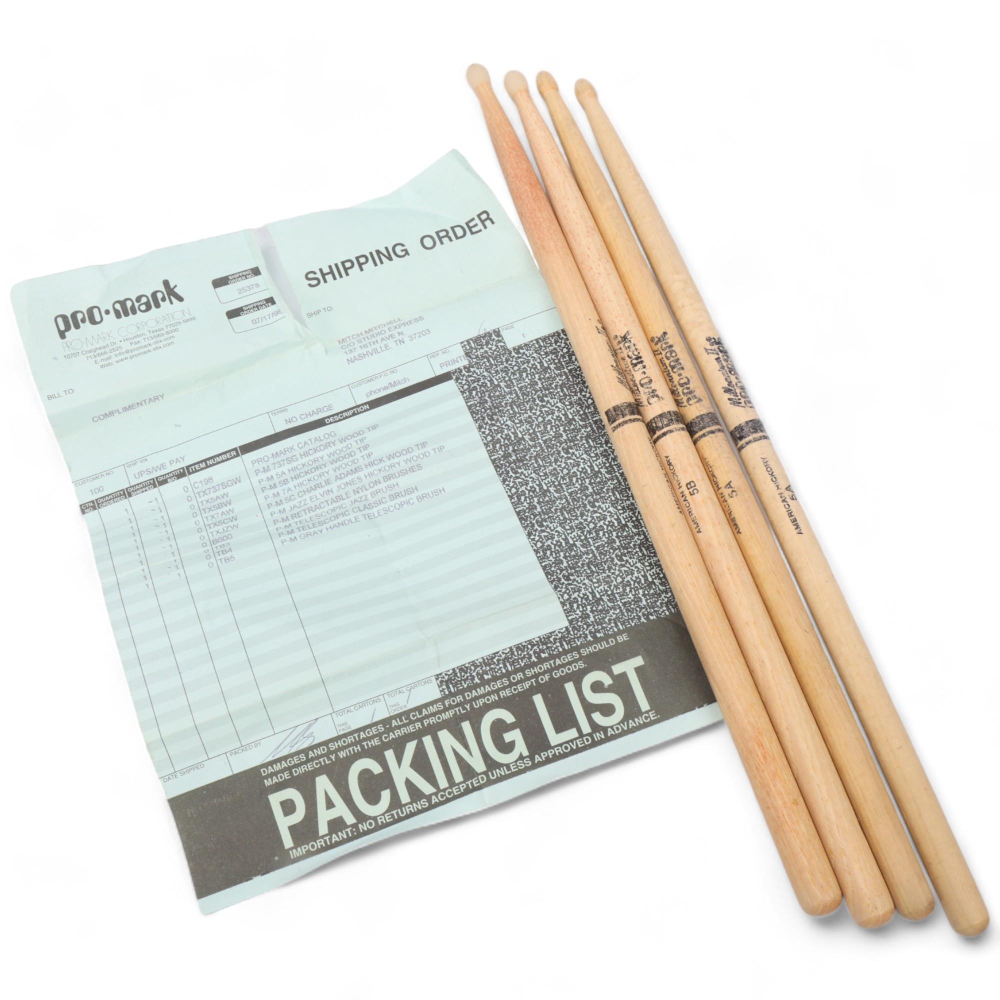 Four USED PROMARK Hickory DRUMSTICKS belonging to MITCH MITCHELL - with original Promark invoice