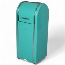 A mid 20th century American style roll top bin, aqua colour coated steel construction on coasters,