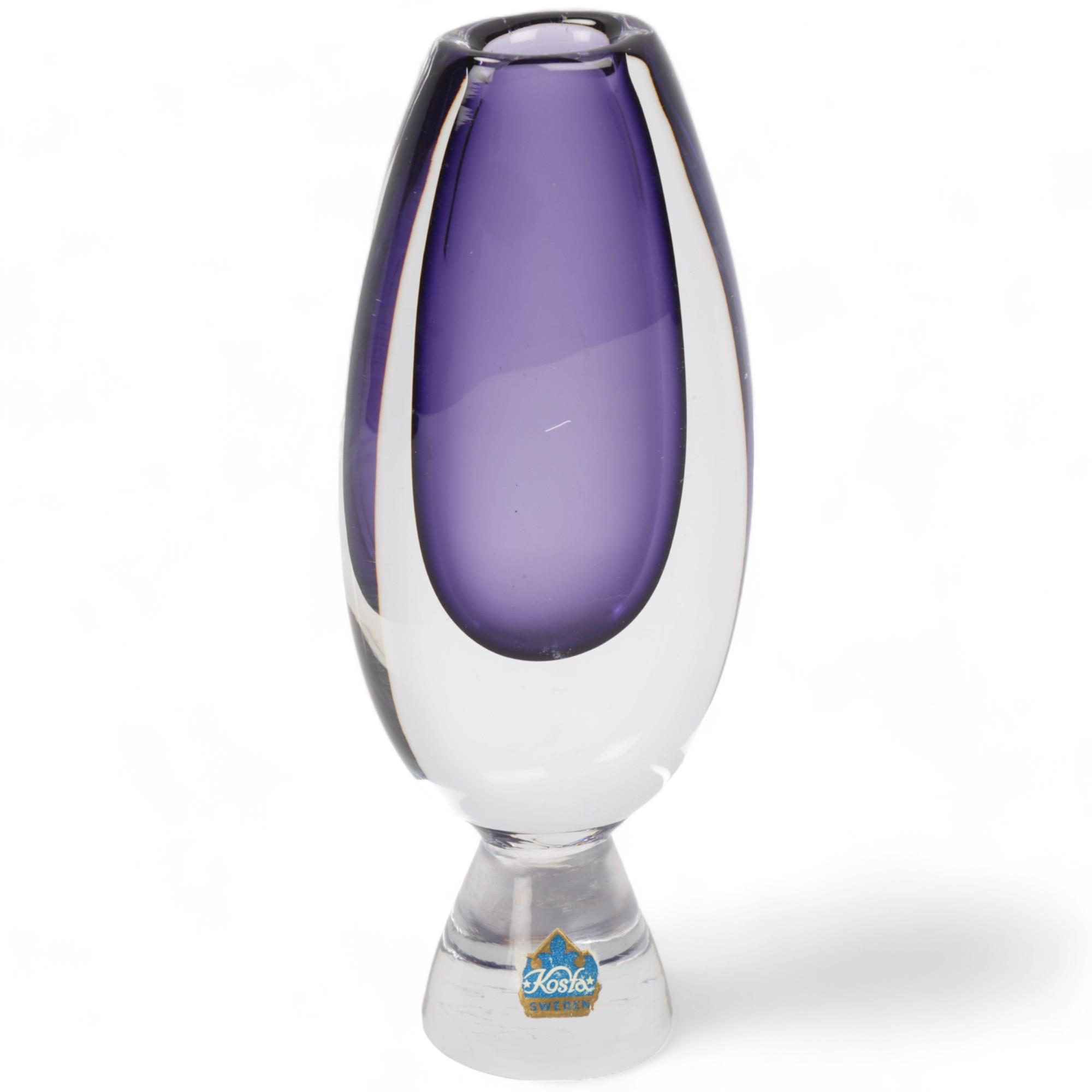 VICKE LINDSTRAND for Kosta, a 1958 designed violet bud vase on conical plinth Signed Kosta LH