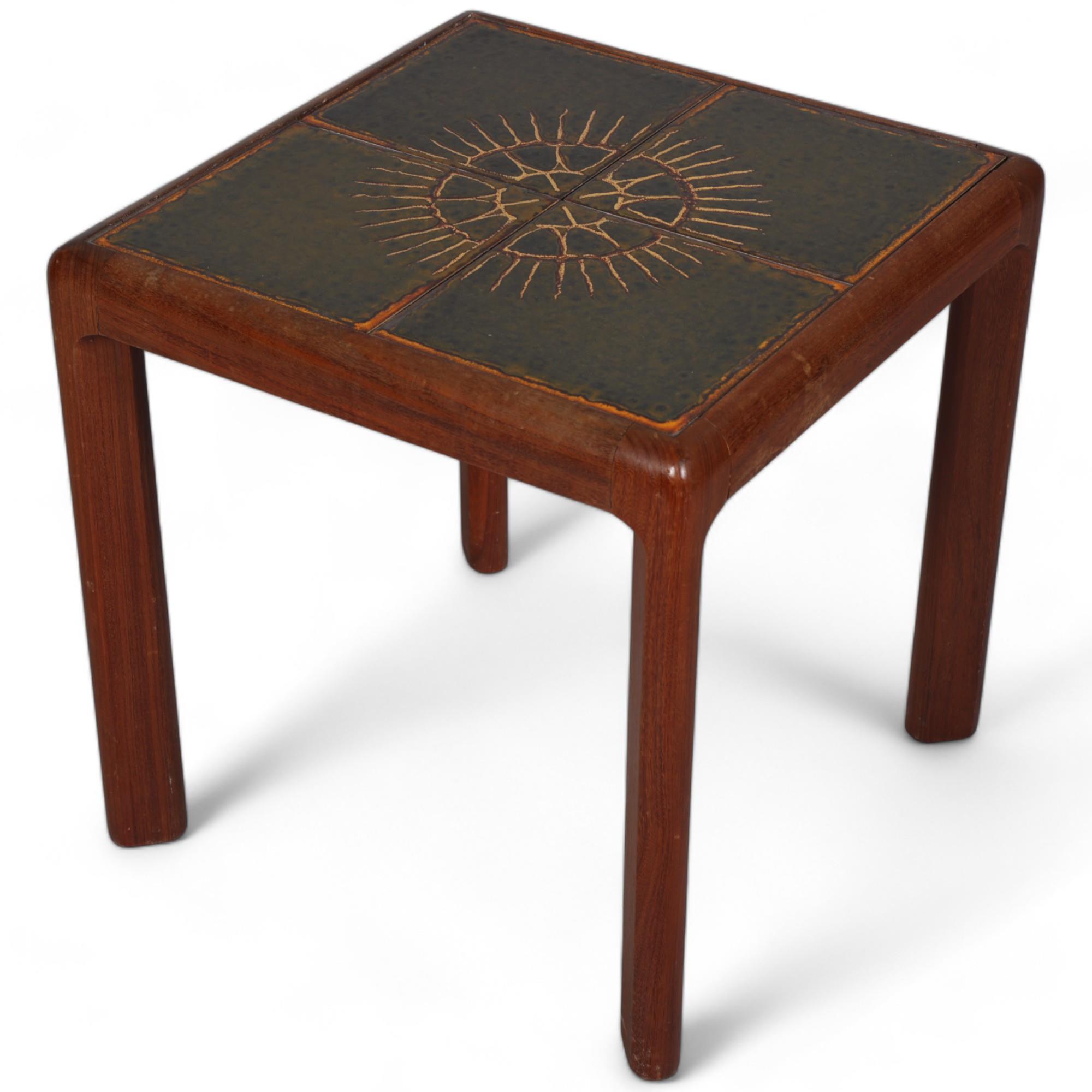 A mid 20th century teak and tile-top side table, height 44.5cm, top 44.5cm Sq Grout has perished