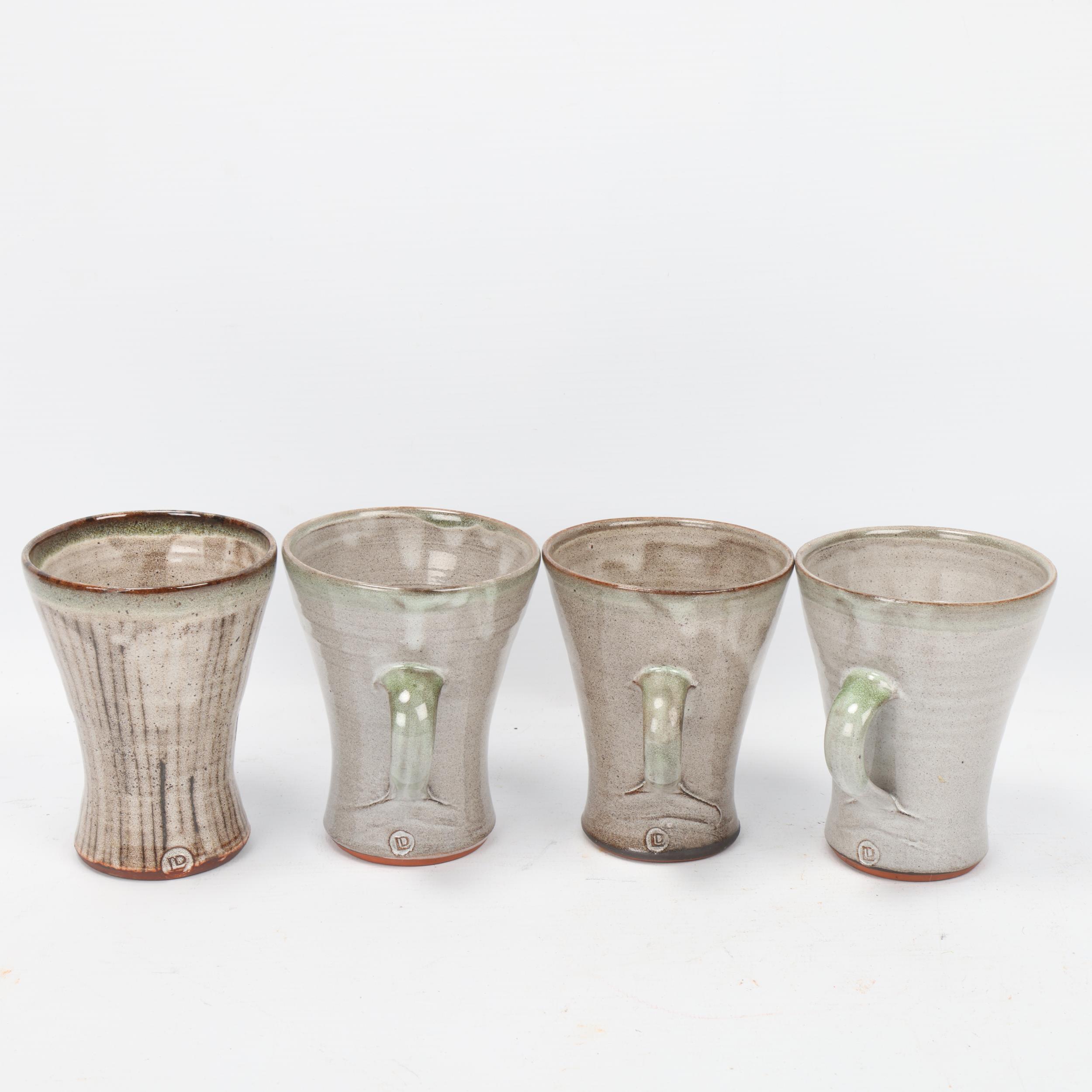 DAVID LEACH (1911-2005), 3 green/grey glazed mugs and a sgraffito decorated beaker, all with - Image 2 of 3