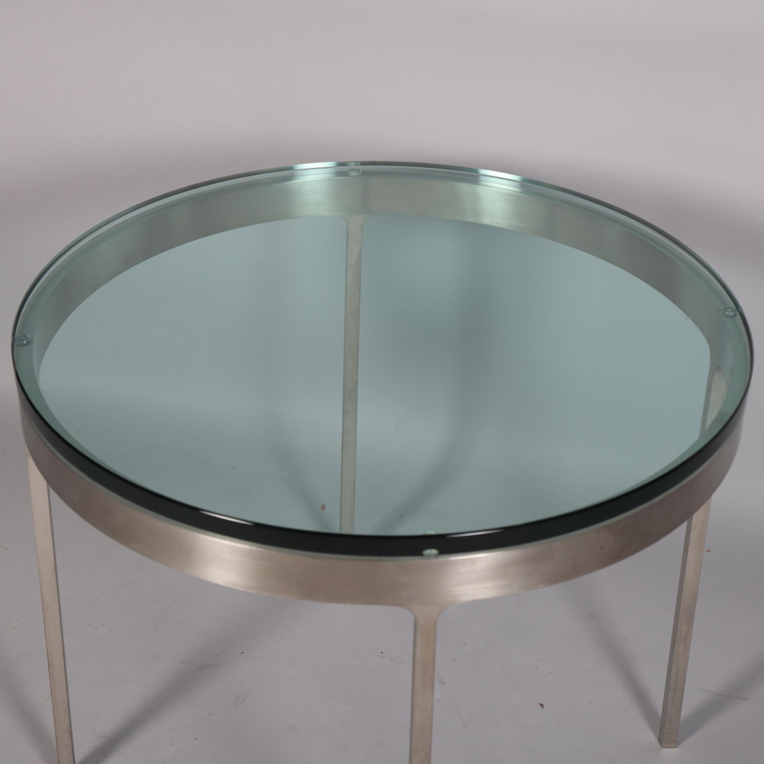 A Nicos Zographos T35 series coffee table, the thick glass top on brushed steel base ca 1980’s, - Image 2 of 3