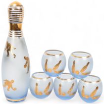 A mid 20th century frosted glass bowling pin decanter and 5 tumblers, with gilded bowling theme