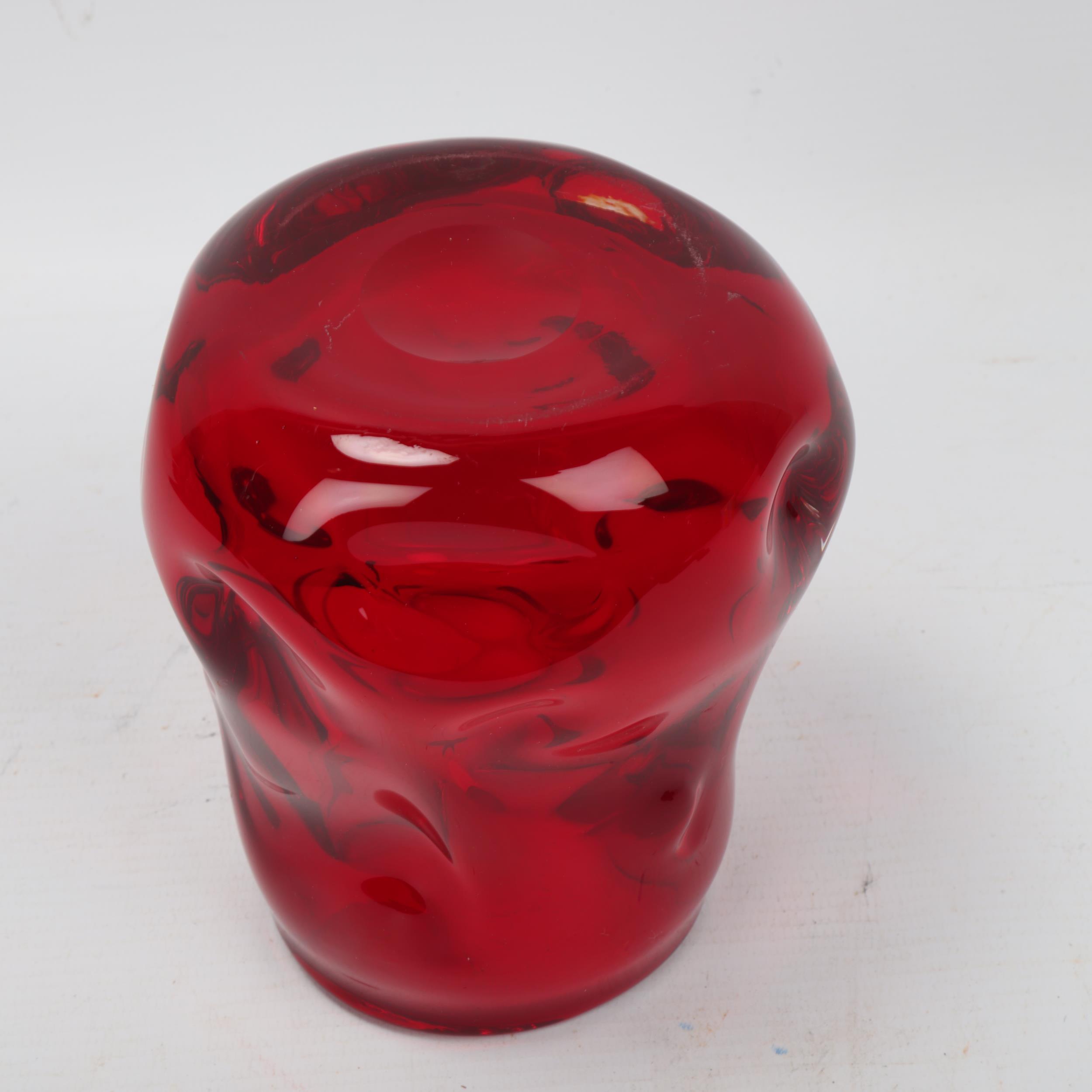 A Whitefriars squat design ruby red glass knobbly vase, pattern # 9608, height 13cm Good - Image 2 of 3