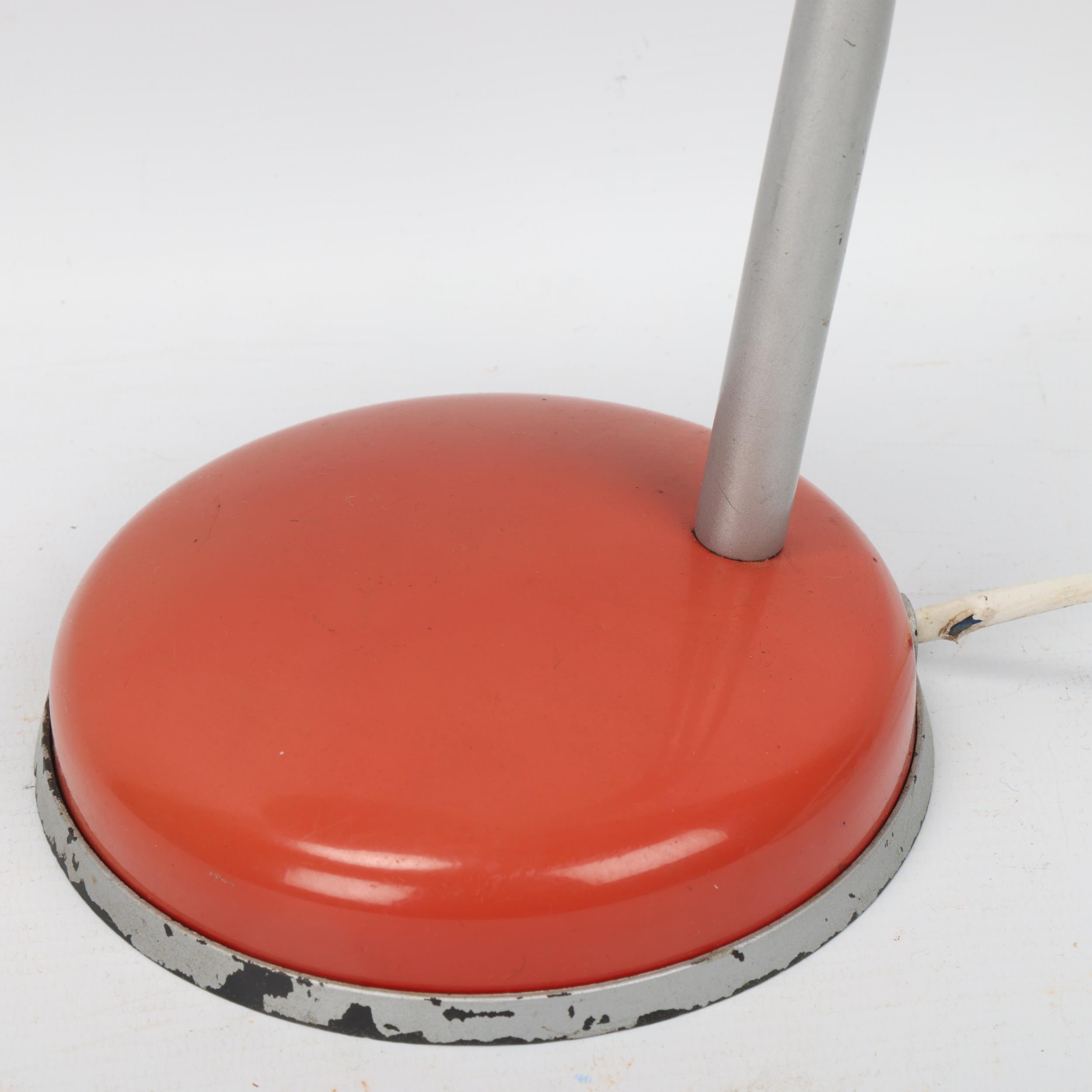 A mid 20th century table light, red steel shade and base with adjustable swan neck, manufacturers - Image 2 of 3