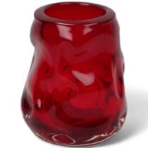 A Whitefriars squat design ruby red glass knobbly vase, pattern # 9608, height 13cm Good