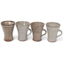 DAVID LEACH (1911-2005), 3 green/grey glazed mugs and a sgraffito decorated beaker, all with