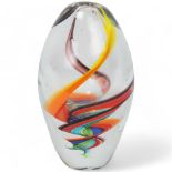 A heavy walled Murano glass vase, with multi-coloured swirl glass interior, height 22cm Interior