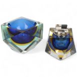 Mandruzzato, Murano, a Deep Sea blue sommerso glass table lighter, with matching ashtray, both