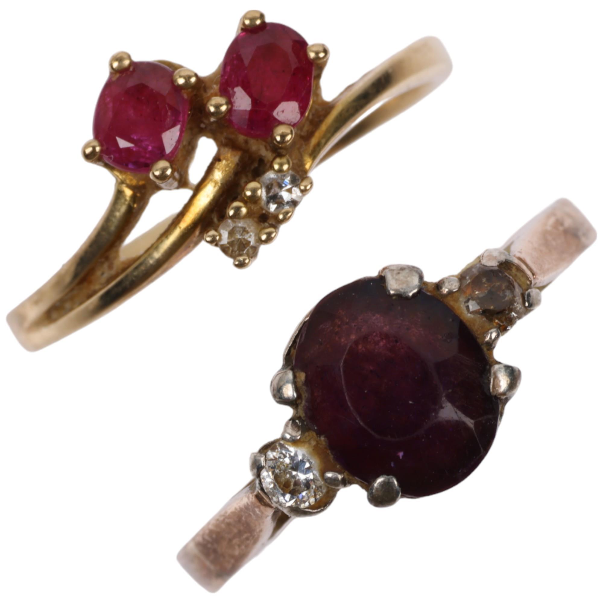 2 x 9ct gold gem set rings, comprising 9ct ruby and diamond crossover, size I, 1.3g, and unmarked
